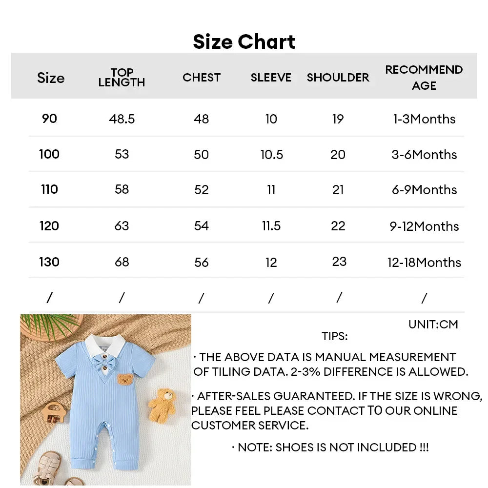 Newborn Baby Boy Romper Short Sleeved with Bear Pattern Summer Daily Wear Clothing Gentleman Jumpsuit for Toddlers 1 - 18Months - PratSN