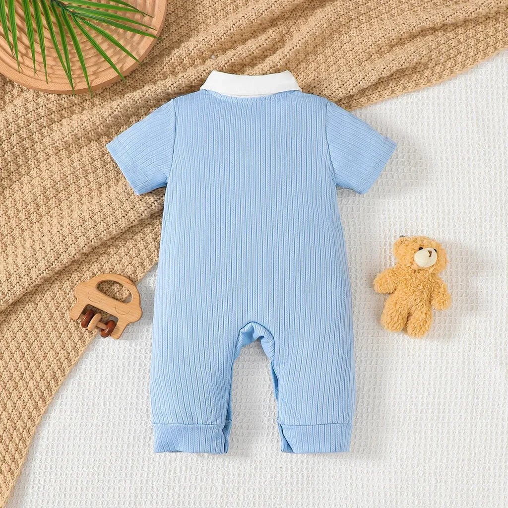 Newborn Baby Boy Romper Short Sleeved with Bear Pattern Summer Daily Wear Clothing Gentleman Jumpsuit for Toddlers 1 - 18Months - PratSN