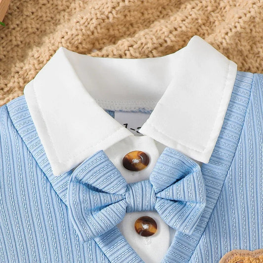 Newborn Baby Boy Romper Short Sleeved with Bear Pattern Summer Daily Wear Clothing Gentleman Jumpsuit for Toddlers 1 - 18Months - PratSN