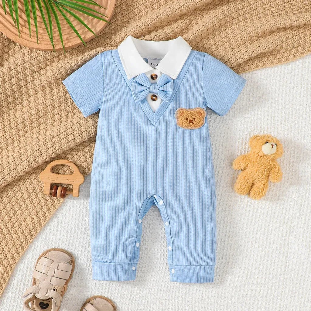 Newborn Baby Boy Romper Short Sleeved with Bear Pattern Summer Daily Wear Clothing Gentleman Jumpsuit for Toddlers 1 - 18Months - PratSN