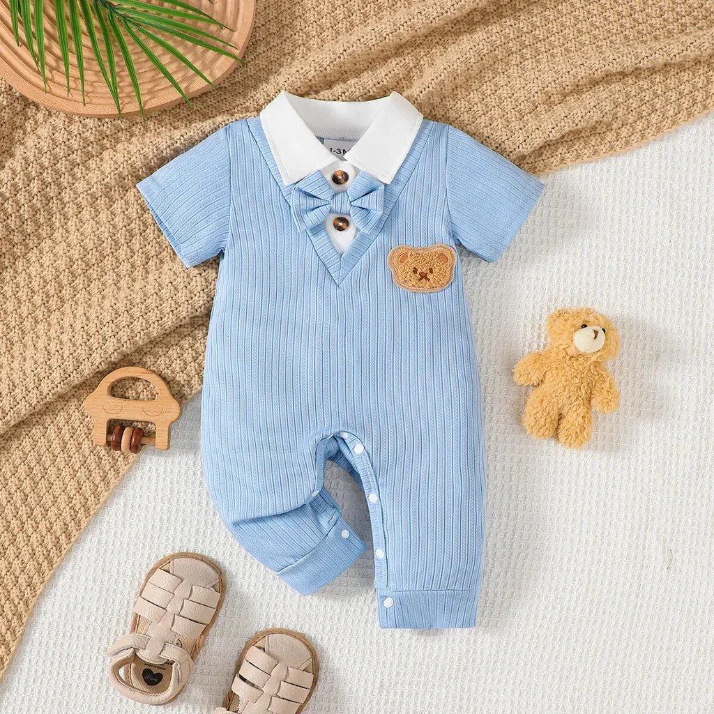 Newborn Baby Boy Romper Short Sleeved with Bear Pattern Summer Daily Wear Clothing Gentleman Jumpsuit for Toddlers 1 - 18Months - PratSN