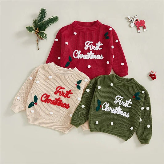 Newborn Baby Boys Girls Christmas Sweaters Long Sleeve Heart Shaped Candy Letter Embroidery Knit Pullovers Infant Jumper Tops - PratSN