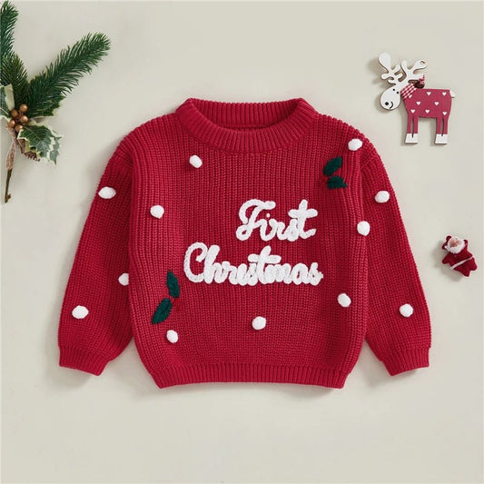 Newborn Baby Boys Girls Christmas Sweaters Long Sleeve Heart Shaped Candy Letter Embroidery Knit Pullovers Infant Jumper Tops - PratSN