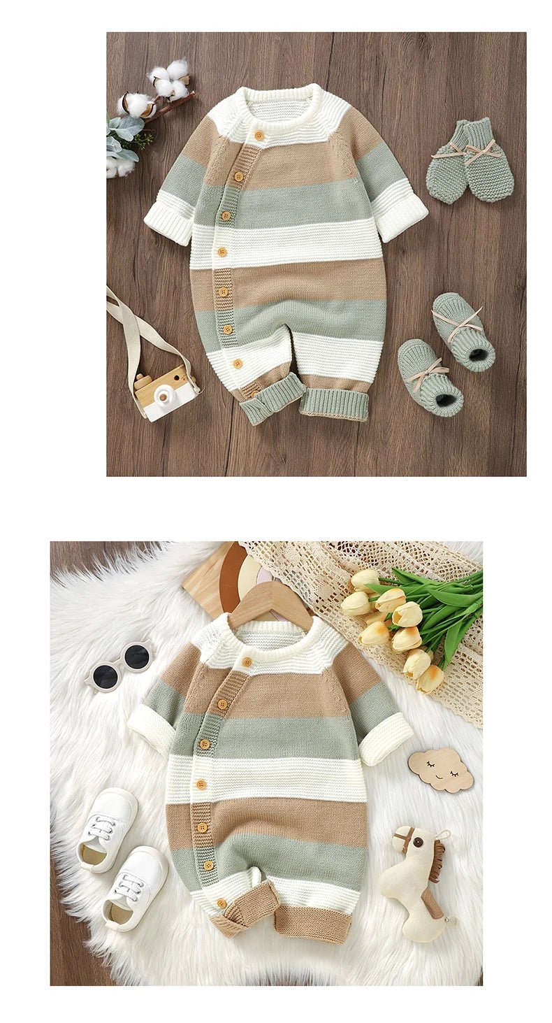 Newborn Baby Romper Knitted Girl Kid Clothing Long Sleeve Autumn 0 - 18M Overalls Infant Jumpsuit Fashion Striped Toddler Playsuit - PratSN