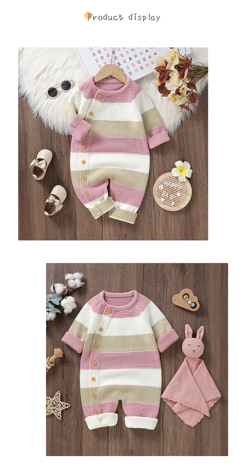 Newborn Baby Romper Knitted Girl Kid Clothing Long Sleeve Autumn 0 - 18M Overalls Infant Jumpsuit Fashion Striped Toddler Playsuit - PratSN