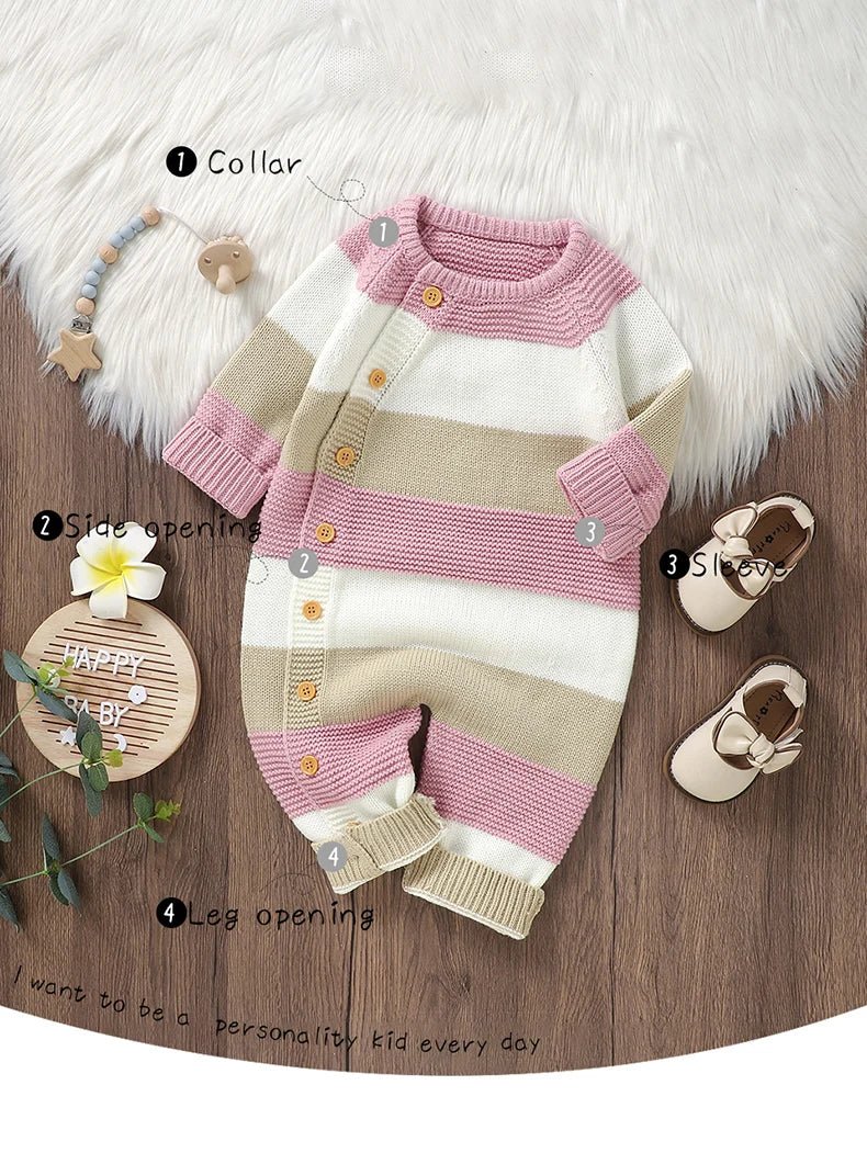 Newborn Baby Romper Knitted Girl Kid Clothing Long Sleeve Autumn 0 - 18M Overalls Infant Jumpsuit Fashion Striped Toddler Playsuit - PratSN