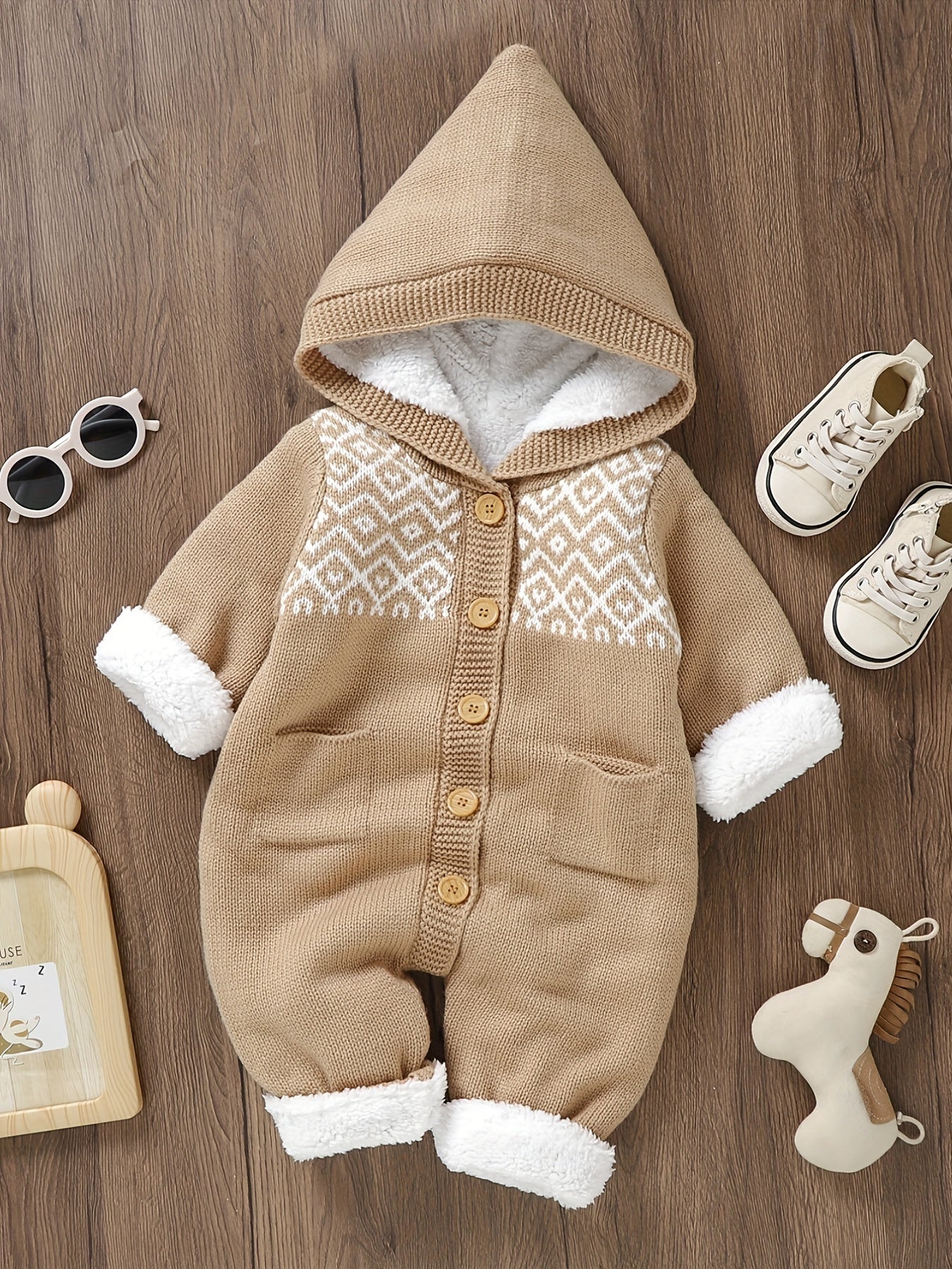 Newborn Boys And Girls Knitted Jumpsuit With Long Sleeve Hooded Pants Jumpsuit - PratSN