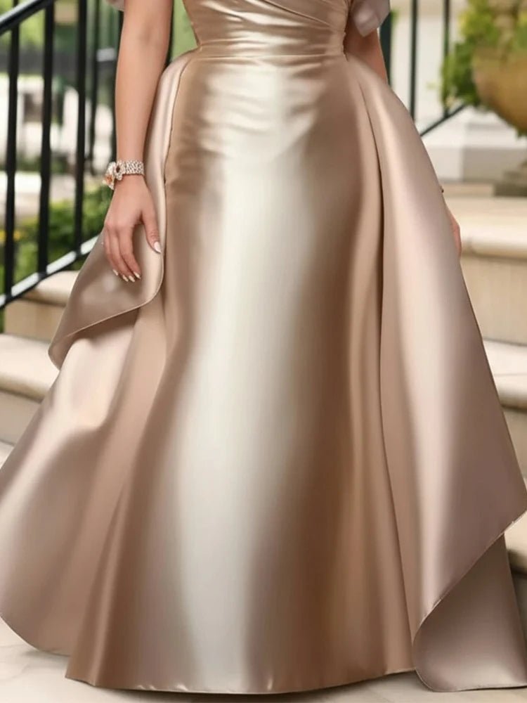 Off Shoulder Puff Sleeve Plus Size Satin Evening Dress for Women's Solid Elegant Cocktail Wedding Guest Maxi Dresses - PratSN