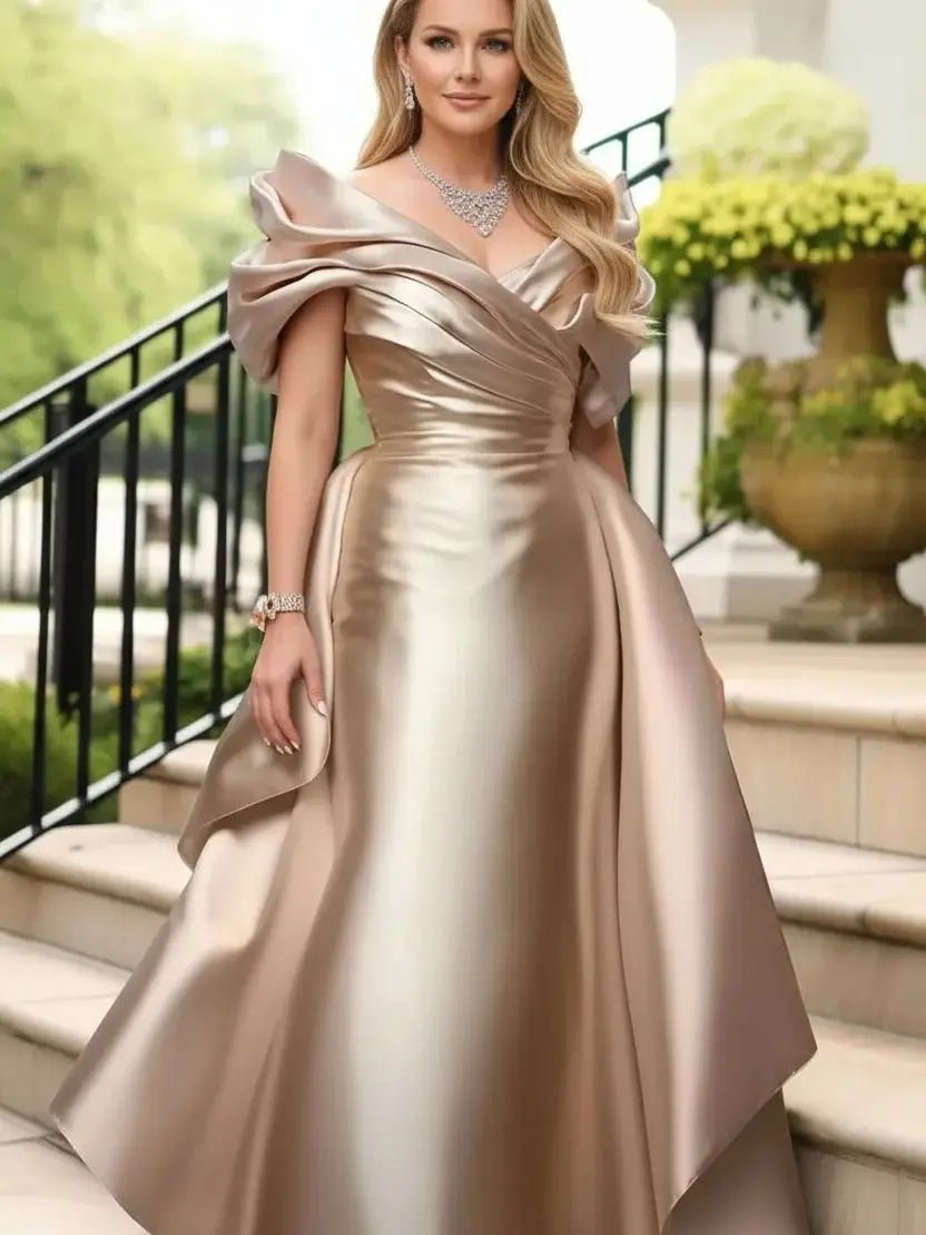 Off Shoulder Puff Sleeve Plus Size Satin Evening Dress for Women's Solid Elegant Cocktail Wedding Guest Maxi Dresses - PratSN