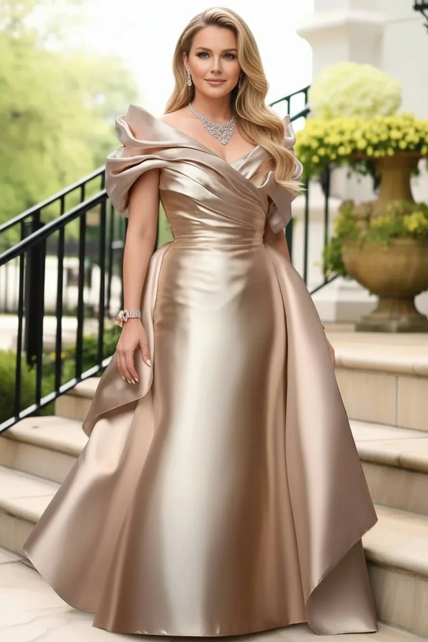 Off Shoulder Puff Sleeve Plus Size Satin Evening Dress for Women's Solid Elegant Cocktail Wedding Guest Maxi Dresses - PratSN