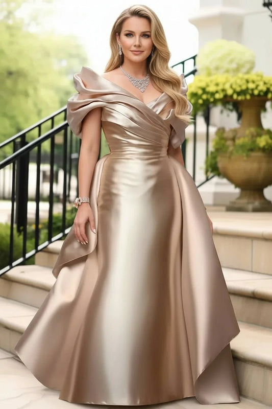 Off Shoulder Puff Sleeve Plus Size Satin Evening Dress for Women's Solid Elegant Cocktail Wedding Guest Maxi Dresses - PratSN