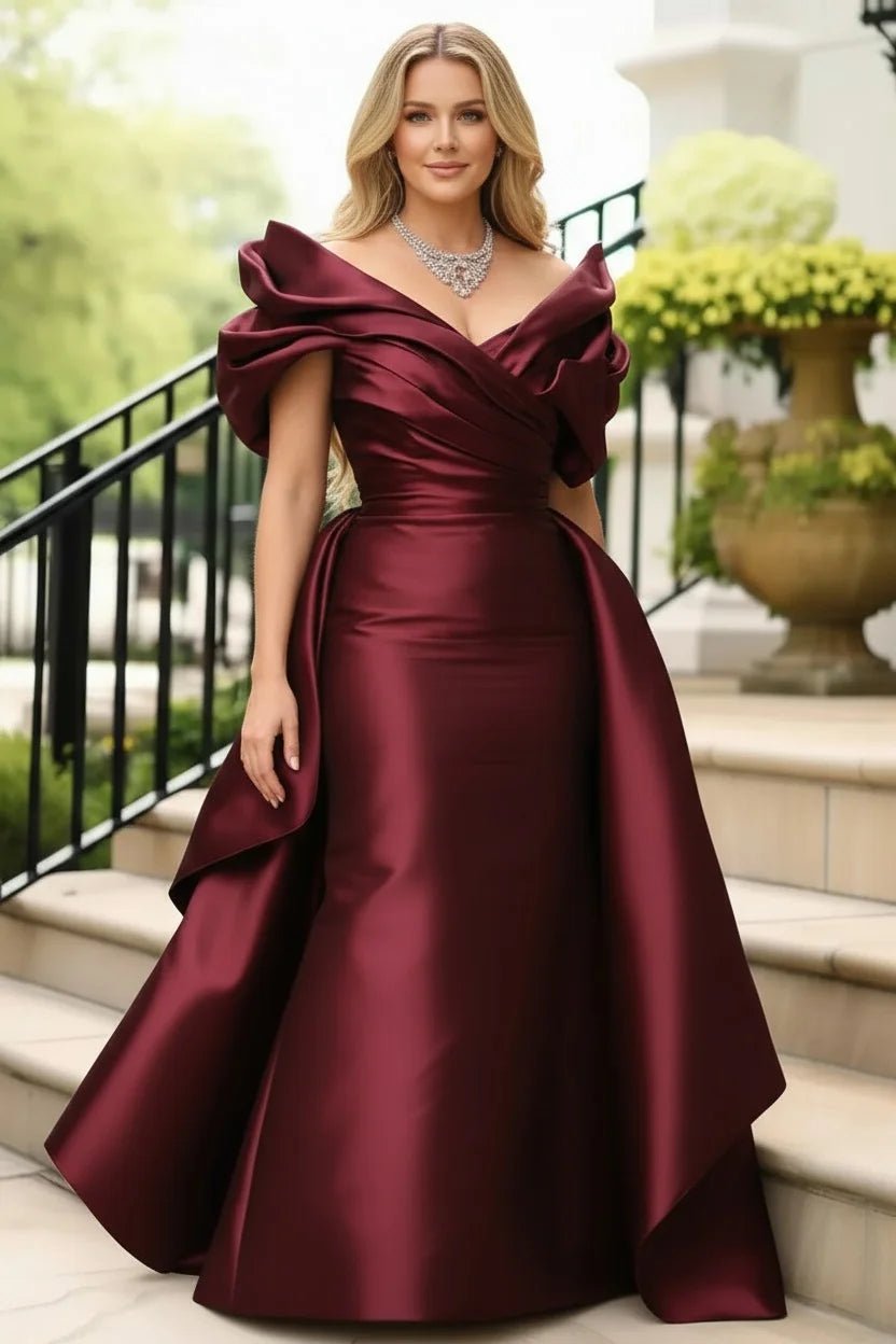 Off Shoulder Puff Sleeve Plus Size Satin Evening Dress for Women's Solid Elegant Cocktail Wedding Guest Maxi Dresses - PratSN