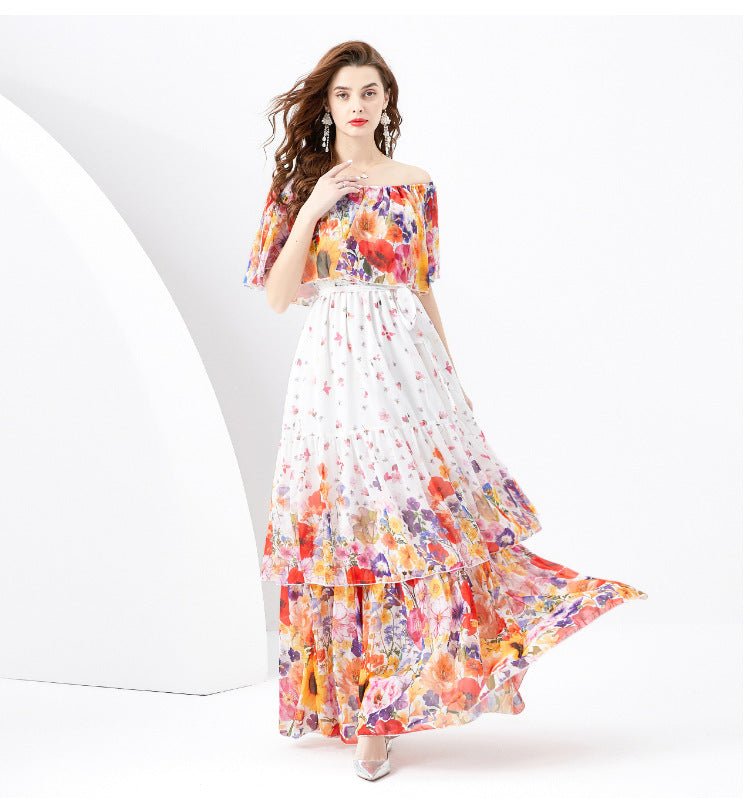 Off - the - shoulder Slim - fit Long Ruffled Tiered Dress - PratSN