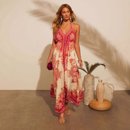 Off - the - shoulder V - neck Women's Clothing Spaghetti - strap Floral Print Dress - PratSN