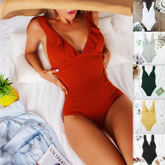 One - piece Bikini Solid Color Flying V - neck Women's Swimsuit - PratSN