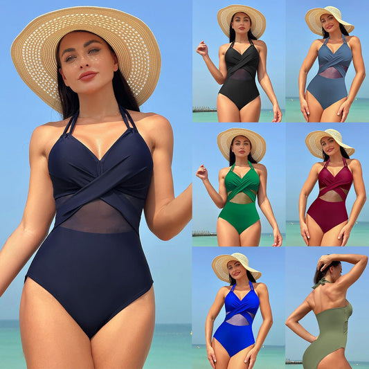 One - piece Swimsuit Women's Pure Color Mesh Bikini Swimsuit - PratSN