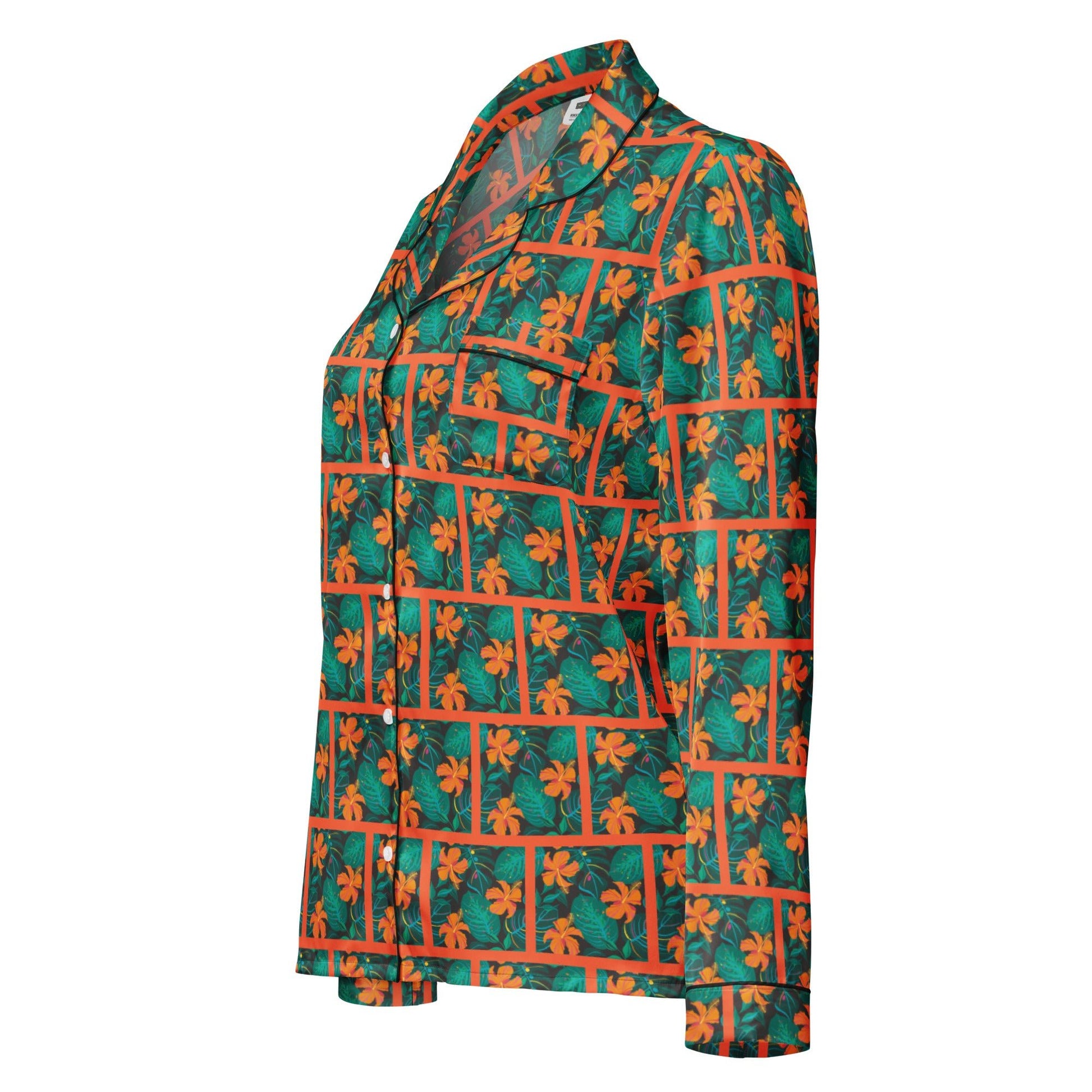 Orange Hibiscus print Women’s long sleeve pajama top - PratSN