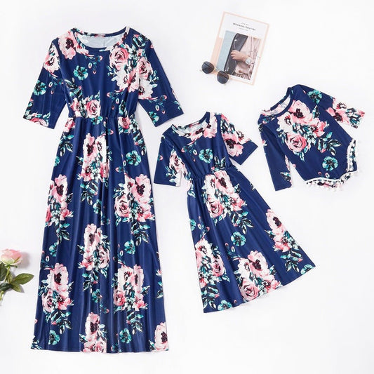 Parent - child Printed Mother And Daughter Mid - length Sleeve Dress Women's Long Skirt - PratSN