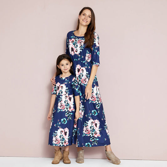 Parent - child Printed Mother And Daughter Mid - length Sleeve Dress Women's Long Skirt - PratSN