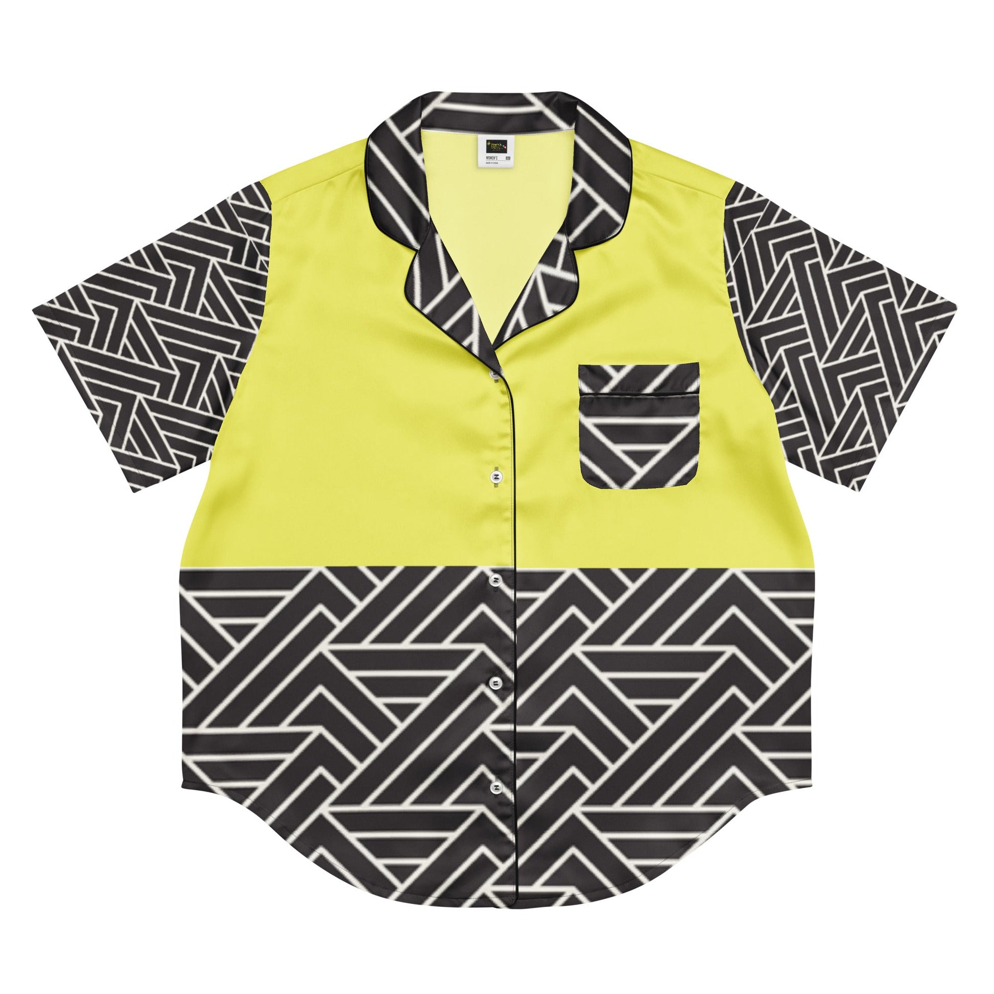 Paris daisy yellow and black color all - over print women’s short sleeve pajama top - PratSN