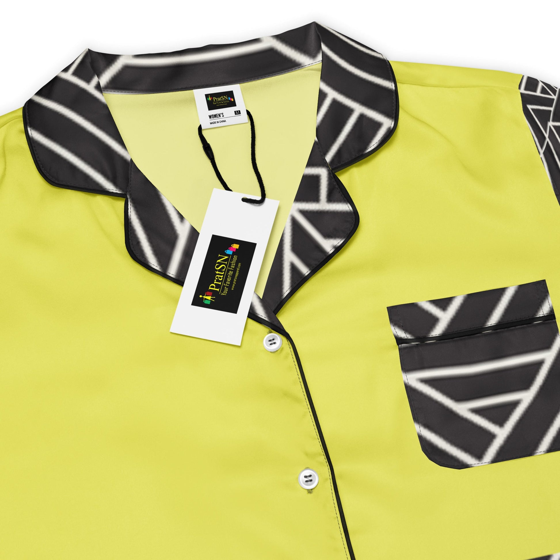 Paris daisy yellow and black color all - over print women’s short sleeve pajama top - PratSN