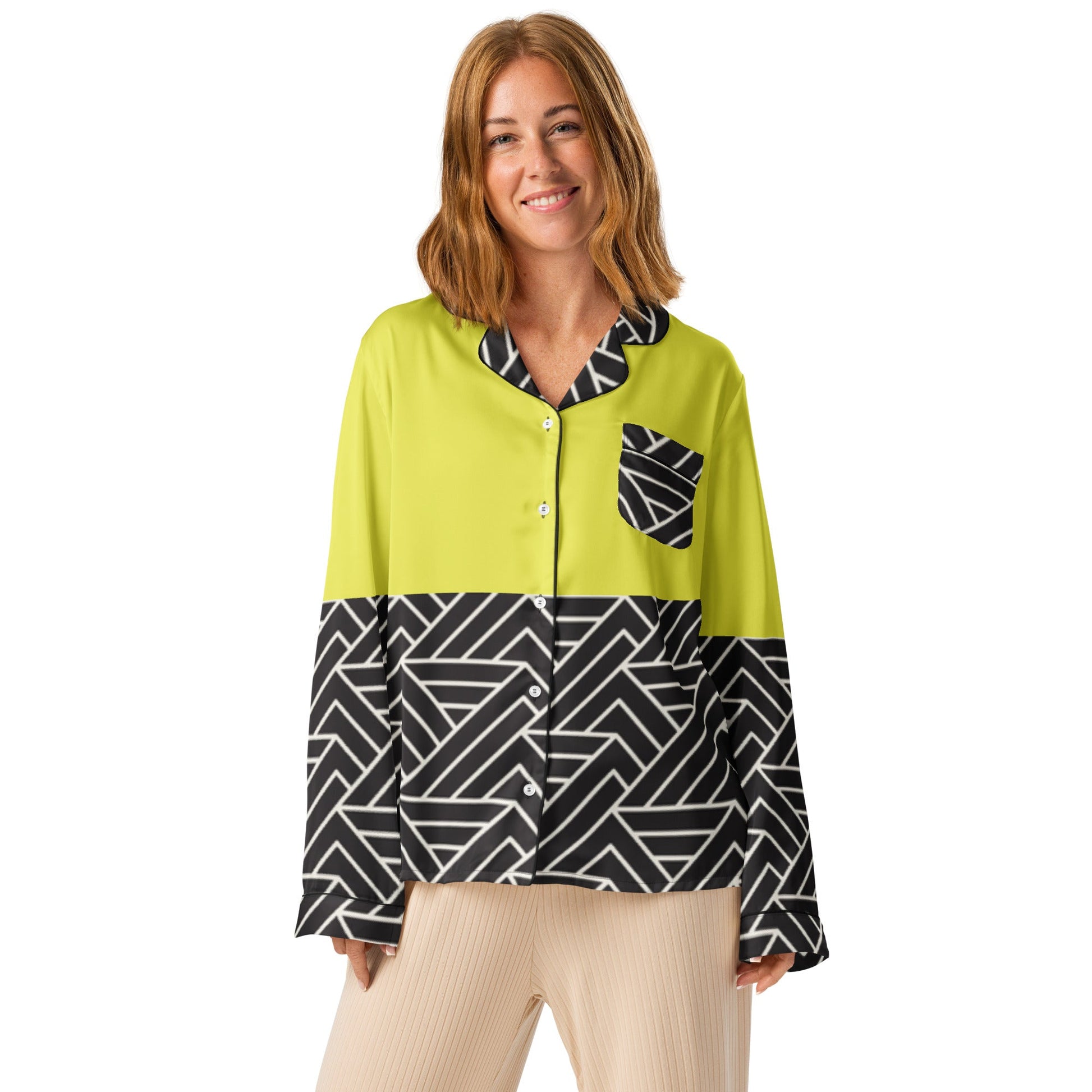 Paris daisy yellow and black color women’s long sleeve pajama top - PratSN
