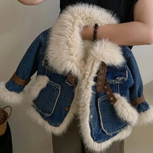 Parkas Winter Season Girl New Fur Lapel Collar Thickening Cowboy Coat Plush Outerwear Fashion 2024 Long Sleeve Cool - PratSN