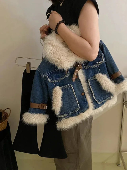 Parkas Winter Season Girl New Fur Lapel Collar Thickening Cowboy Coat Plush Outerwear Fashion 2024 Long Sleeve Cool - PratSN