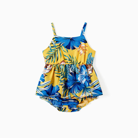 PatPat Family Matching Beach Shirt or Yellow Floral Lace Waist Shirred Back Strap Dress Sets - PratSN