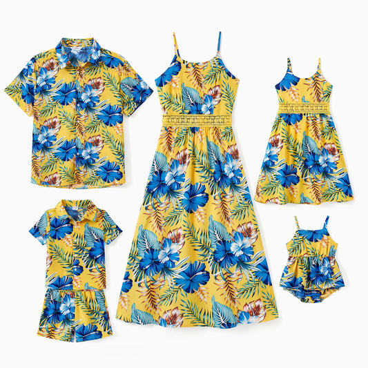 PatPat Family Matching Beach Shirt or Yellow Floral Lace Waist Shirred Back Strap Dress Sets - PratSN