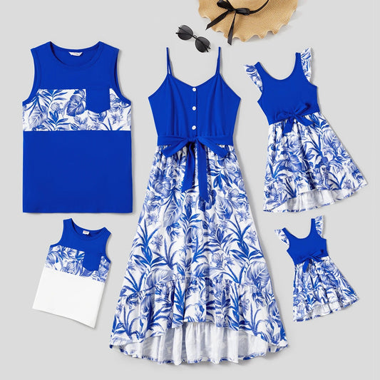 PatPat Family Matching Color Block Sleeveless Shirt and Floral Cami Button Hi - Low Dress Sets - PratSN