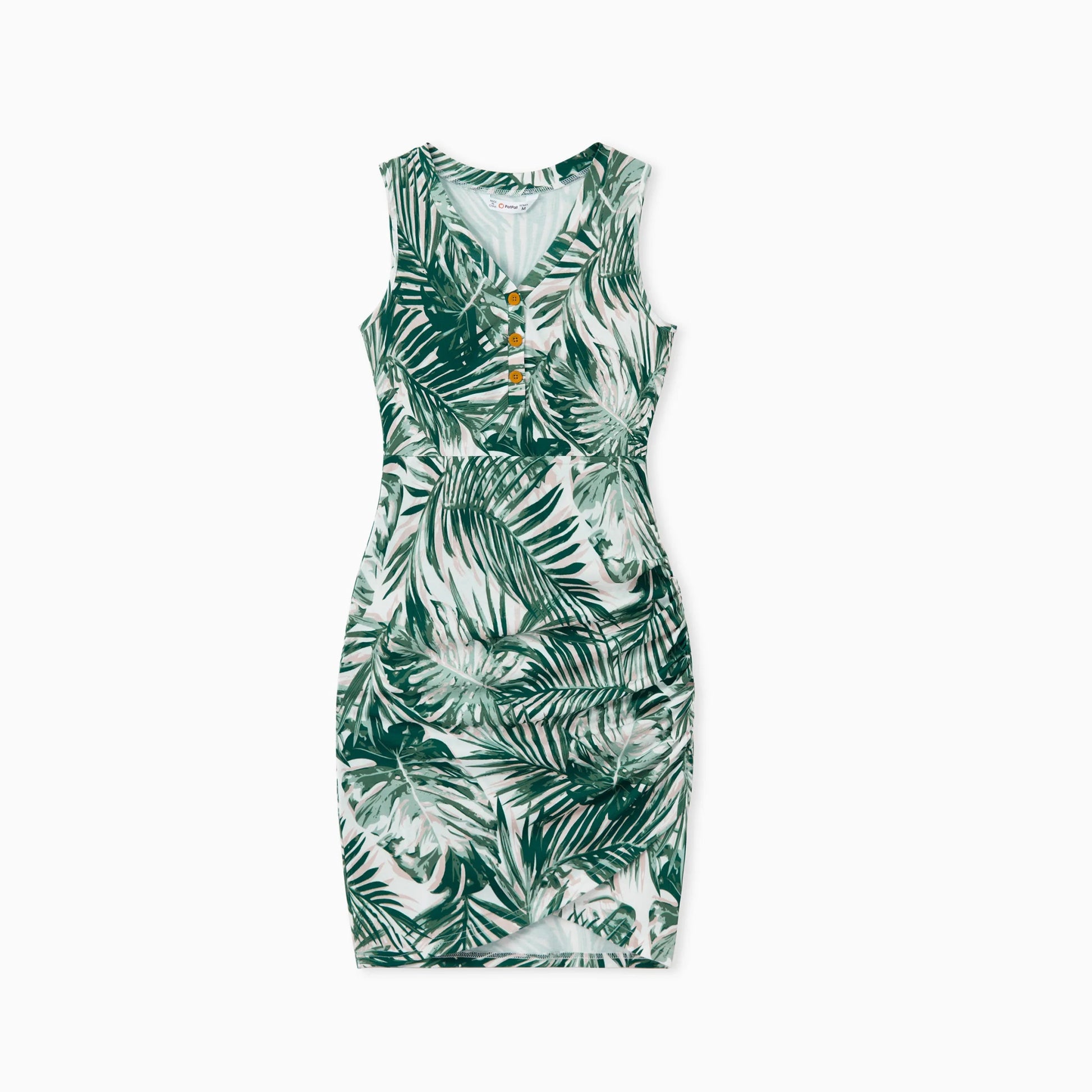 PatPat Family Matching Floral Panel Tee or Tropical Leaf Pattern Button V - Neck Ruched Dress Sets - PratSN