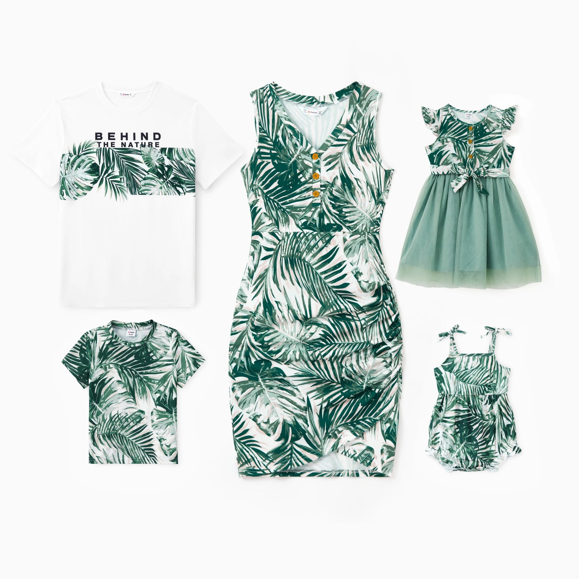 PatPat Family Matching Floral Panel Tee or Tropical Leaf Pattern Button V - Neck Ruched Dress Sets - PratSN