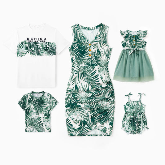 PatPat Family Matching Floral Panel Tee or Tropical Leaf Pattern Button V - Neck Ruched Dress Sets - PratSN