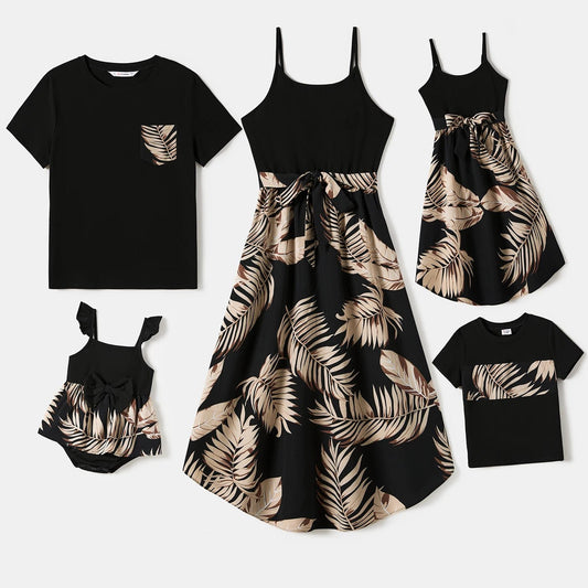 PatPat Family Matching Floral Print Belted Cami Dresses And Solid Short Sleeve Tops Sets - PratSN