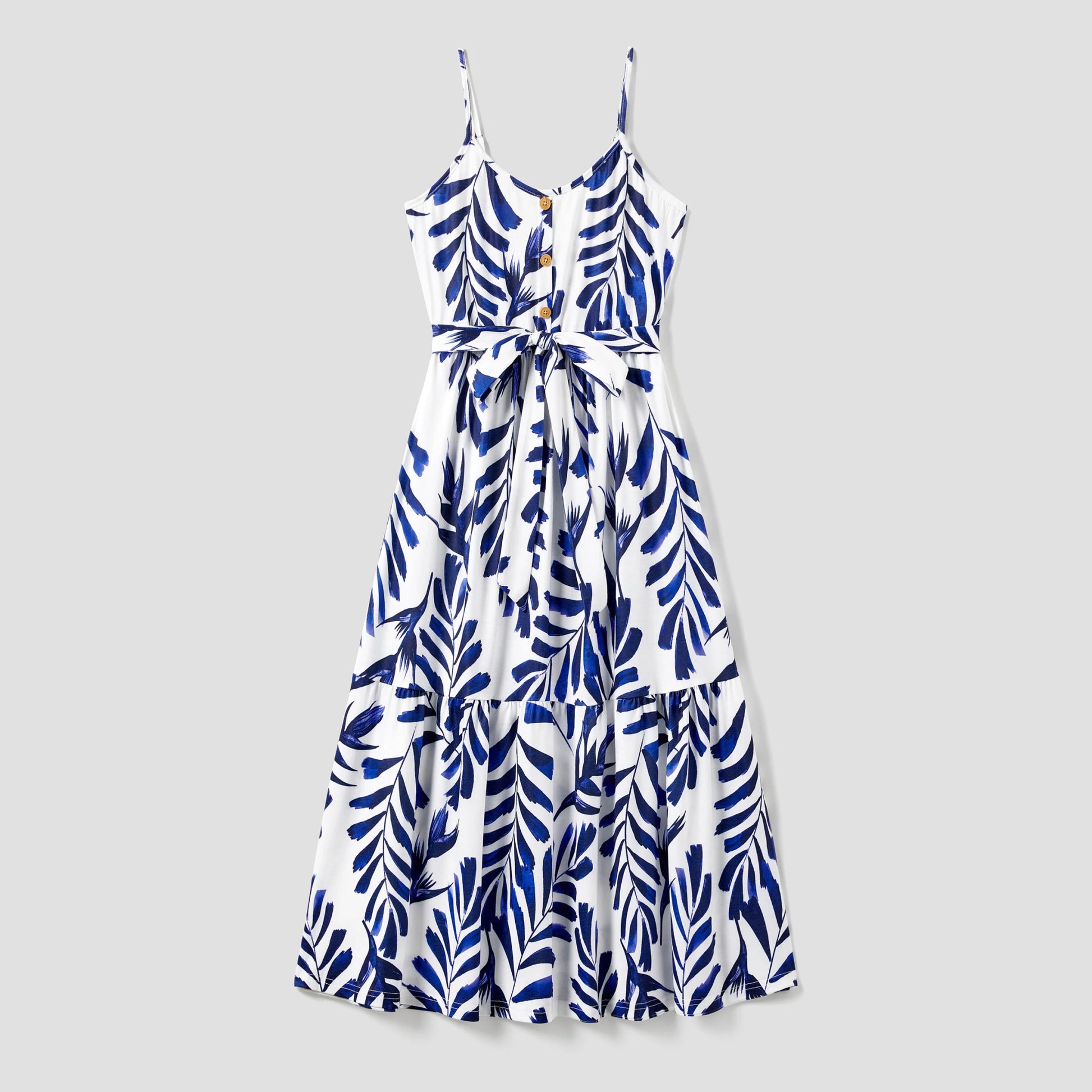 PatPat Family Matching Modern Blue and White Botanical Leaf Design Button Strap Dress and Color Block Tee Sets - PratSN