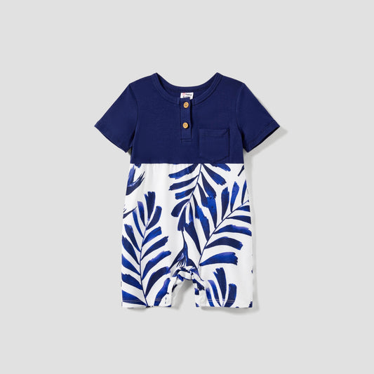 PatPat Family Matching Modern Blue and White Botanical Leaf Design Button Strap Dress and Color Block Tee Sets - PratSN
