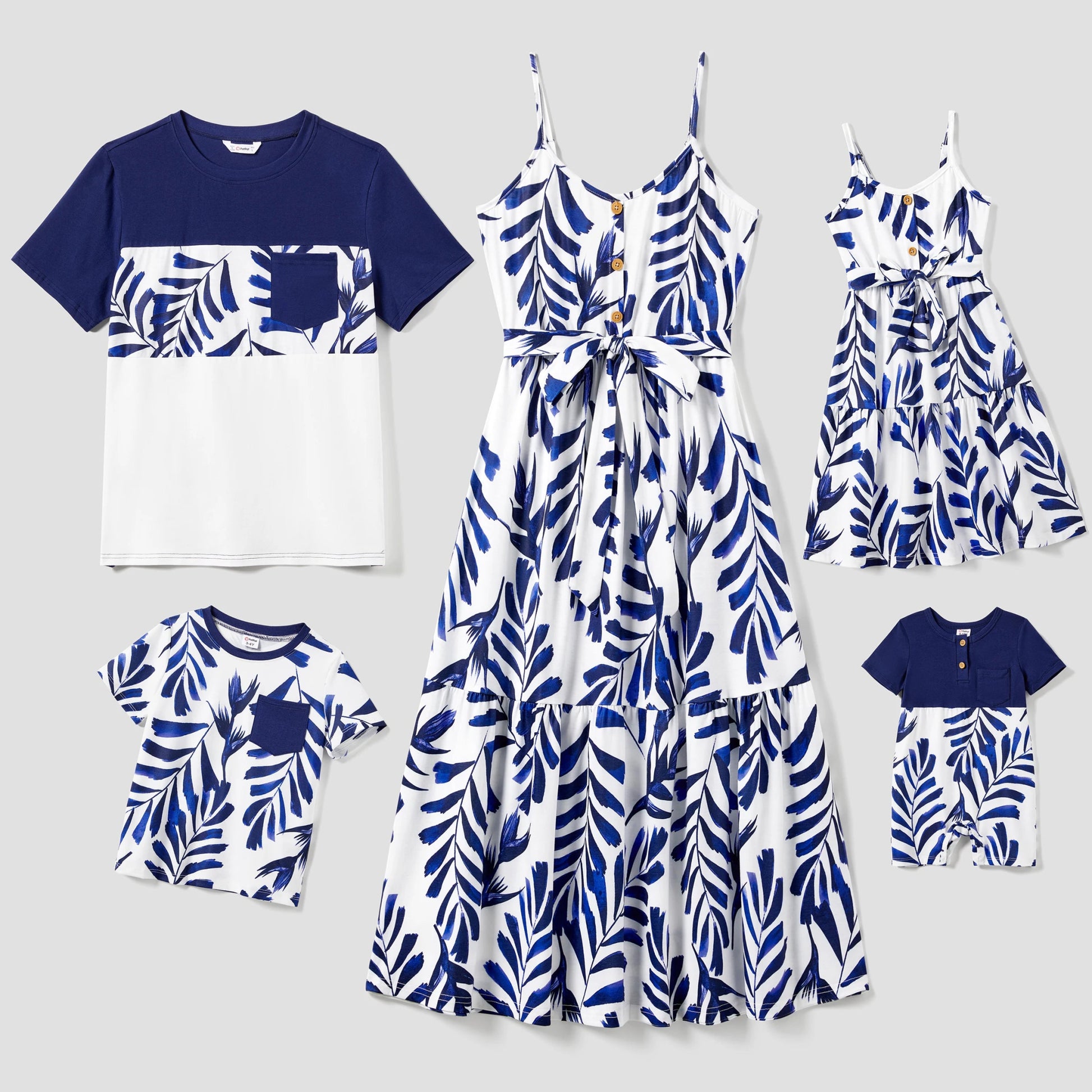 PatPat Family Matching Modern Blue and White Botanical Leaf Design Button Strap Dress and Color Block Tee Sets - PratSN