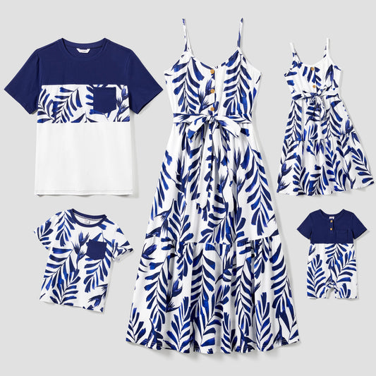 PatPat Family Matching Modern Blue and White Botanical Leaf Design Button Strap Dress and Color Block Tee Sets - PratSN