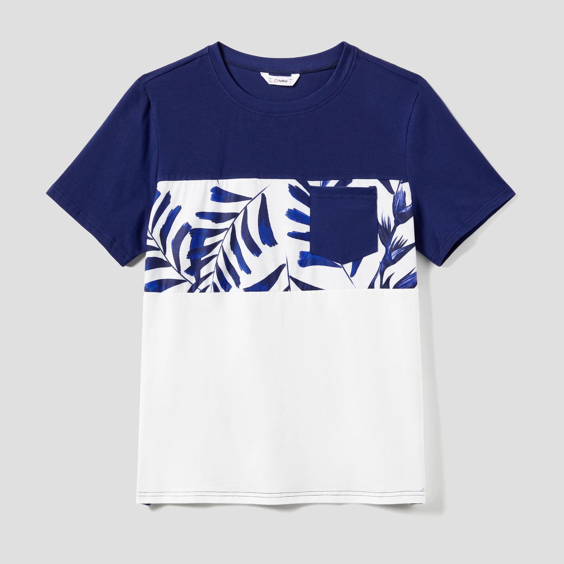 PatPat Family Matching Modern Blue and White Botanical Leaf Design Button Strap Dress and Color Block Tee Sets - PratSN