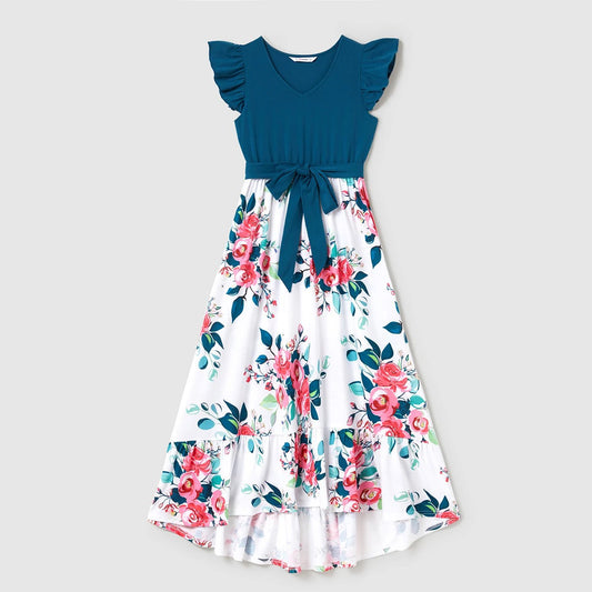 PatPat Family Matching Outfits Solid V Neck Flutter - sleeve Splicing Floral Print Dresses Short - sleeve Colorblock T-shirts Sets - PratSN