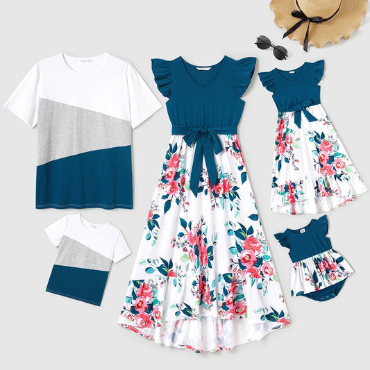 PatPat Family Matching Outfits Solid V Neck Flutter - sleeve Splicing Floral Print Dresses Short - sleeve Colorblock T-shirts Sets - PratSN