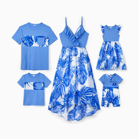 PatPat Family Matching Sets Blue Tropical Floral Panel Tee or Ruffle Neck Cross Back High - Low Strap Dress - PratSN