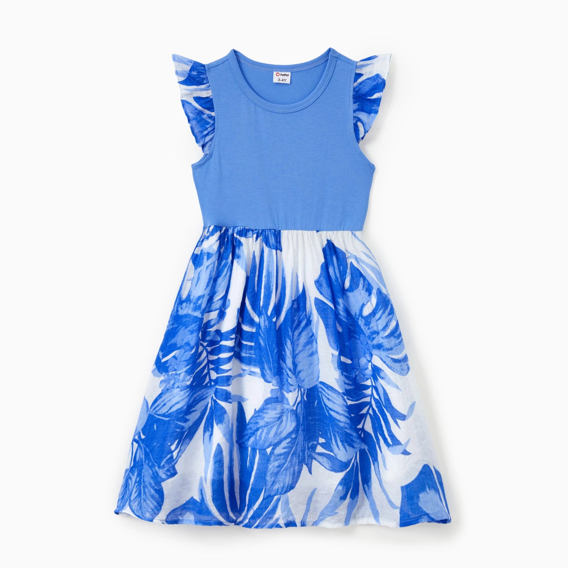 PatPat Family Matching Sets Blue Tropical Floral Panel Tee or Ruffle Neck Cross Back High - Low Strap Dress - PratSN