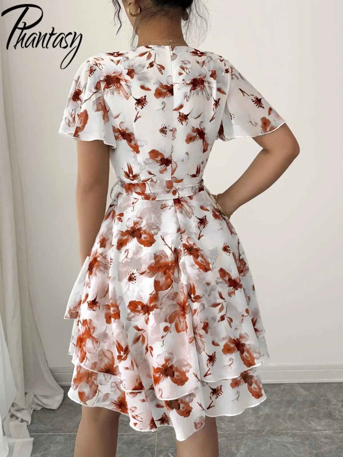 Phantasy Boho Floral Mini Dress Sexy Wrap V Neck Dress Short Sleeve Cake Skirt Elegant Party Beach Vocation Dresses 2025 Summer - PratSN