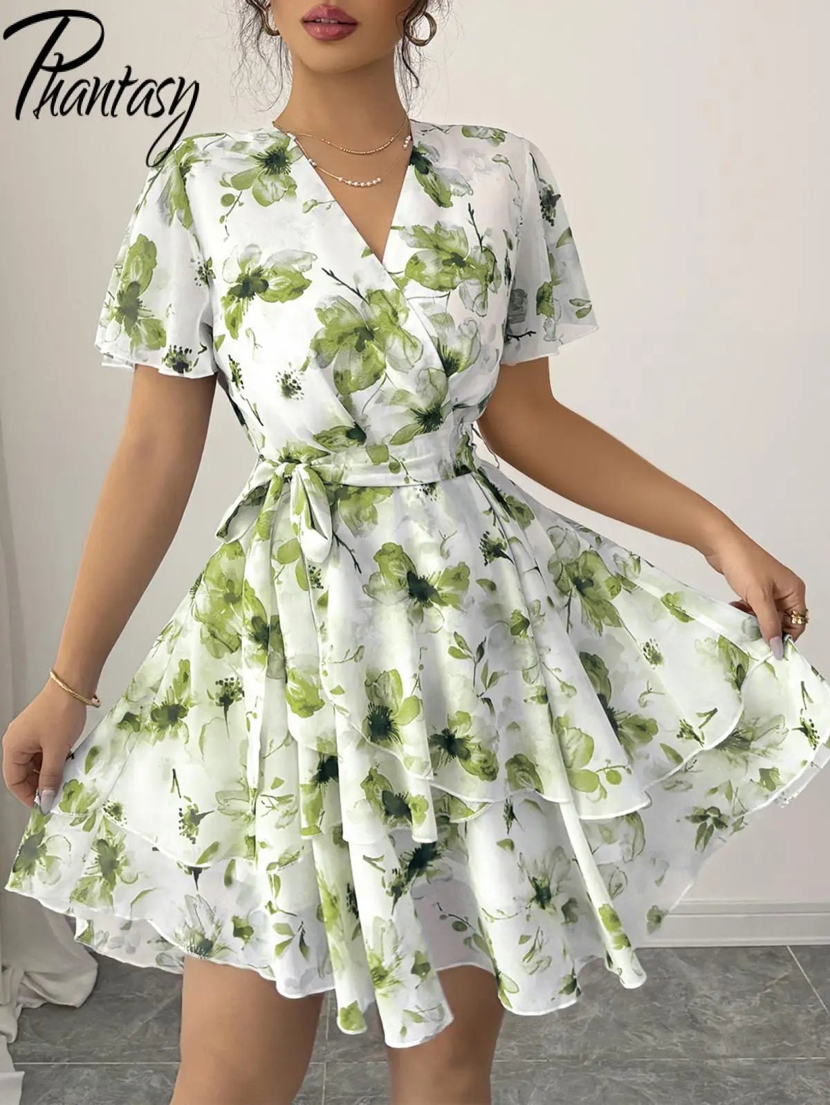 Phantasy Boho Floral Mini Dress Sexy Wrap V Neck Dress Short Sleeve Cake Skirt Elegant Party Beach Vocation Dresses 2025 Summer - PratSN