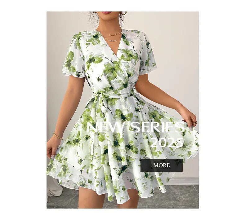 Phantasy Boho Floral Mini Dress Sexy Wrap V Neck Dress Short Sleeve Cake Skirt Elegant Party Beach Vocation Dresses 2025 Summer - PratSN