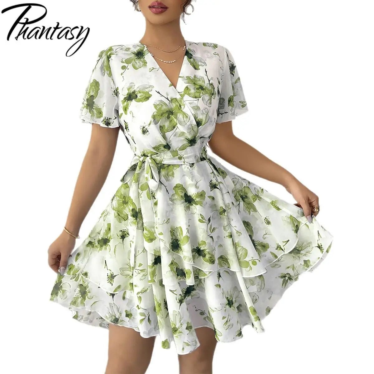 Phantasy Boho Floral Mini Dress Sexy Wrap V Neck Dress Short Sleeve Cake Skirt Elegant Party Beach Vocation Dresses 2025 Summer - PratSN