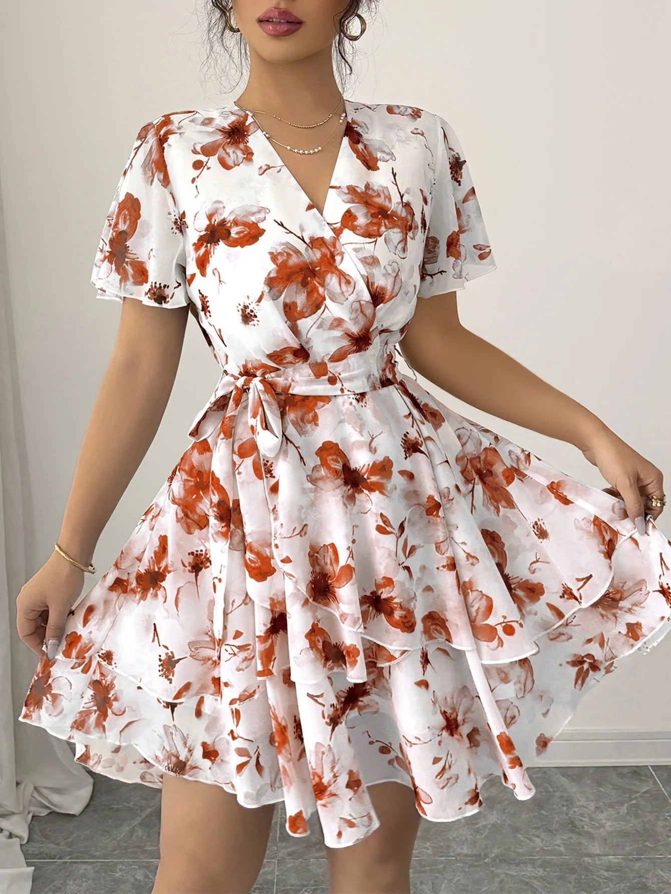 Phantasy Boho Floral Mini Dress Sexy Wrap V Neck Dress Short Sleeve Cake Skirt Elegant Party Beach Vocation Dresses 2025 Summer - PratSN