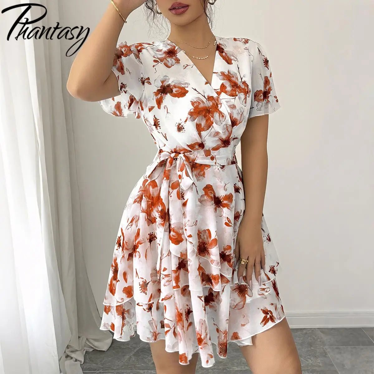 Phantasy Boho Floral Mini Dress Sexy Wrap V Neck Dress Short Sleeve Cake Skirt Elegant Party Beach Vocation Dresses 2025 Summer - PratSN